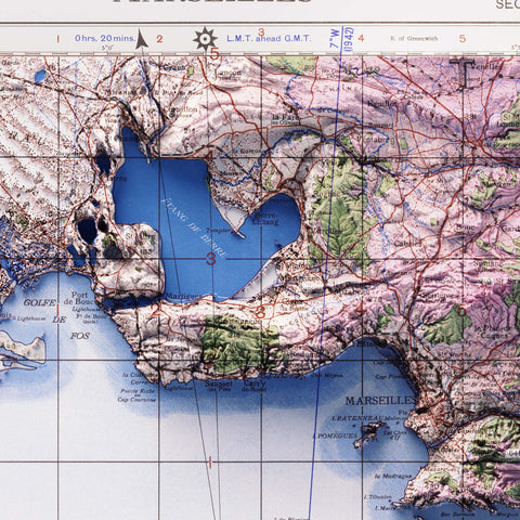 Marseilles (France), Topographic map - 1943, 2D printed shaded relief map with 3D effect of a 1943 topographic map of Marseilles (France). Shop our beautiful fine art printed maps on supreme Cotton paper. Vintage maps digitally restored and enhanced with a 3D effect. VizCart from Vizart