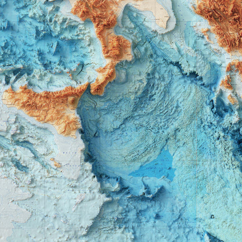 Mediterranean Sea Bathymetric, Topographic map - 1981, 2D printed shaded relief map with 3D effect of a 1981 topographic map of Mediterranean Sea with bathyimetric. Shop our beautiful fine art printed maps on supreme Cotton paper. Vintage maps digitally restored and enhanced with a 3D effect. VizCart from Vizart