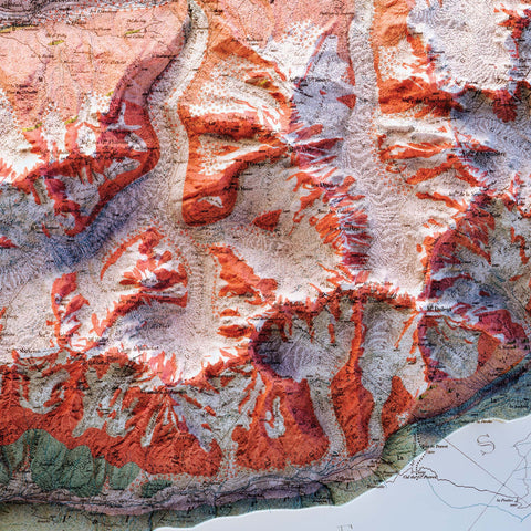 Mt Blanc, Geological map - 1898, 2D printed shaded relief map with 3D effect of a 1898 geological map of Mt Blanc. Shop our beautiful fine art printed maps on supreme Cotton paper. Vintage maps digitally restored and enhanced with a 3D effect. VizCart from Vizart