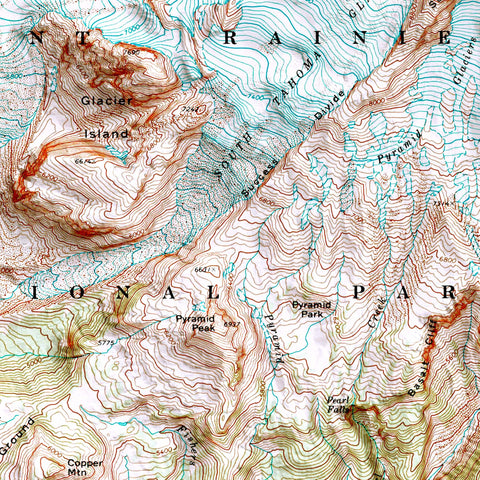 Mt Rainier West (Washington, USA), Topographic map - 1971, 2D printed shaded relief map with 3D effect of a 1906 topographic map of Mount Rainier West (Washington, USA). Shop our beautiful fine art printed maps on supreme Cotton paper. Vintage maps digitally restored and enhanced with a 3D effect. VizCart from Vizart