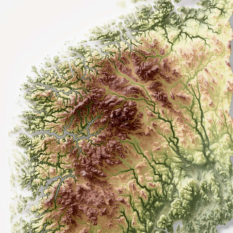 Norway, Elevation tint - Geo, 2D printed shaded relief map with 3D effect of Europe with geo hypsometric tint. Shop our beautiful fine art printed maps on supreme Cotton paper. Vintage maps digitally restored and enhanced with a 3D effect. VizCart from Vizart