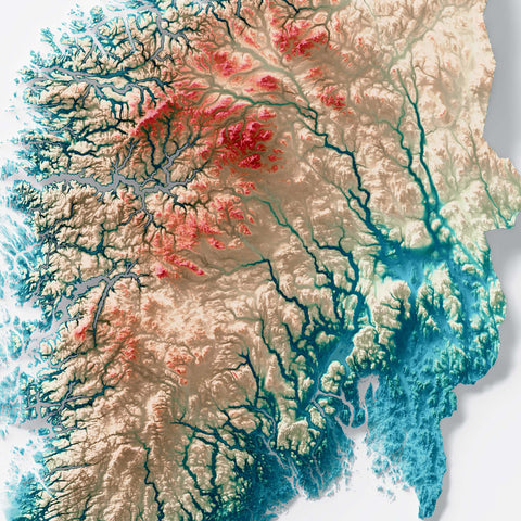 Norway, Elevation tint - Spectral, 2D printed shaded relief map with 3D effect of Europe with spectral hypsometric tint. Shop our beautiful fine art printed maps on supreme Cotton paper. Vintage maps digitally restored and enhanced with a 3D effect. VizCart from Vizart