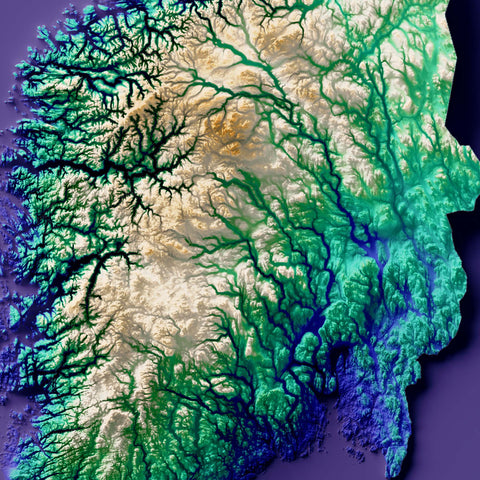 Norway, Elevation tint - Viridis, 2D printed shaded relief map with 3D effect of Europe with virid hypsometric tint. Shop our beautiful fine art printed maps on supreme Cotton paper. Vintage maps digitally restored and enhanced with a 3D effect. VizCart from Vizart