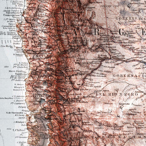 Patagonia, Topographic map - 1925, 2D printed shaded relief map with 3D effect of a 1925 topographic map of Patagonia. Shop our beautiful fine art printed maps on supreme Cotton paper. Vintage maps digitally restored and enhanced with a 3D effect. VizCart from Vizart