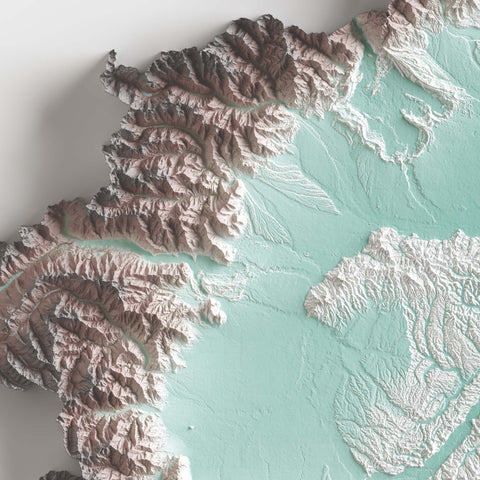 Piedmont (Italy), Elevation tint - Petrol, 2D printed shaded relief map with 3D effect of Piedmont (Italy) with petrol hypsometric tint. Shop our beautiful fine art printed maps on supreme Cotton paper. Vintage maps digitally restored and enhanced with a 3D effect. VizCart from Vizart