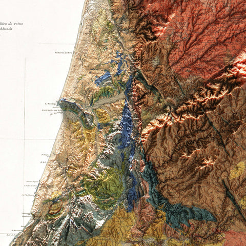 Portugal, Geological map - 1899, 2D printed shaded relief map with 3D effect of a 1899 geological map of Portugal. Shop our beautiful fine art printed maps on supreme Cotton paper. Vintage maps digitally restored and enhanced with a 3D effect. VizCart from Vizart