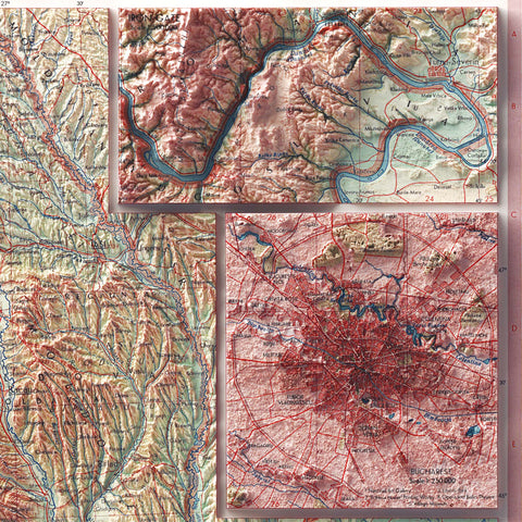 Romania, Topographic map - 1963, 2D printed shaded relief map with 3D effect of a 1963 topographic map of Romania. Shop our beautiful fine art printed maps on supreme Cotton paper. Vintage maps digitally restored and enhanced with a 3D effect. VizCart from Vizart