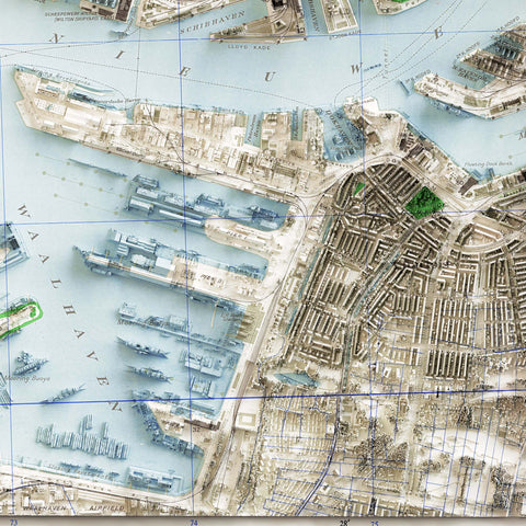 Rotterdam (The Netherlands), City map - 1944, 2D printed shaded relief map with 3D effect of a 1944 city map of Rotterdam (Netherlands). Shop our beautiful fine art printed maps on supreme Cotton paper. Vintage maps digitally restored and enhanced with a 3D effect. VizCart from Vizart