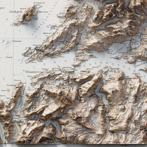 Salta (Norway), Topographic map - 1933, 2D printed shaded relief map with 3D effect of a 1933 topographic map of Salta (Norway). Shop our beautiful fine art printed maps on supreme Cotton paper. Vintage maps digitally restored and enhanced with a 3D effect. VizCart from Vizart