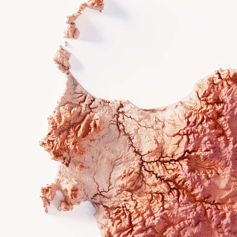 Sardinia (Italy), Elevation tint - Coral, 2D printed shaded relief map with 3D effect of Sardinia (Italy) with coral hypsometric tint. Shop our beautiful fine art printed maps on supreme Cotton paper. Vintage maps digitally restored and enhanced with a 3D effect. VizCart from Vizart