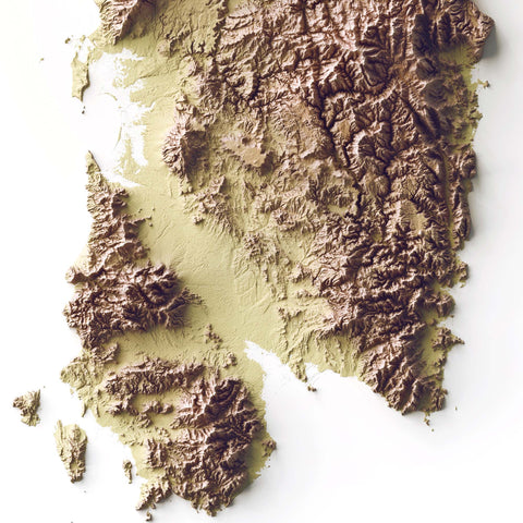 Sardinia (Italy), Elevation tint - Geo, 2D printed shaded relief map with 3D effect of Sardinia (Italy) with geo hypsometric tint. Shop our beautiful fine art printed maps on supreme Cotton paper. Vintage maps digitally restored and enhanced with a 3D effect. VizCart from Vizart