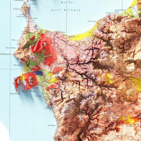 Sardinia (Italy), Soil map - 1960, 2D printed shaded relief map with 3D effect of a 1960 soil map of Sardinia (Italy). Shop our beautiful fine art printed maps on supreme Cotton paper. Vintage maps digitally restored and enhanced with a 3D effect. VizCart from Vizart