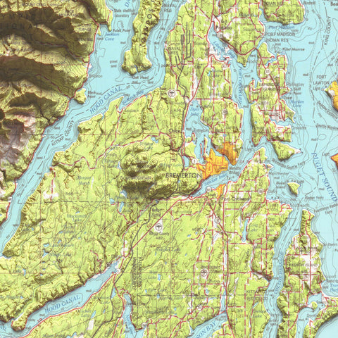 Seattle (Washington, USA), Topographic map - 1958, 2D printed shaded relief map with 3D effect of a 1958 topographic map of Seattle (Washington, USA). Shop our beautiful fine art printed maps on supreme Cotton paper. Vintage maps digitally restored and enhanced with a 3D effect. VizCart from Vizart