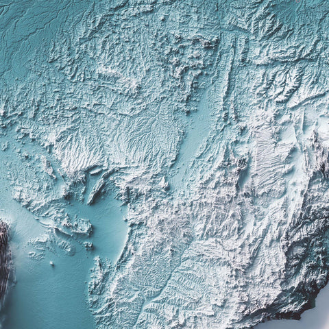 South America, Elevation tint - Irid, 2D printed shaded relief map with 3D effect of South America with irid tint. Shop our beautiful fine art printed maps on supreme Cotton paper. Vintage maps digitally restored and enhanced with a 3D effect. VizCart from Vizart