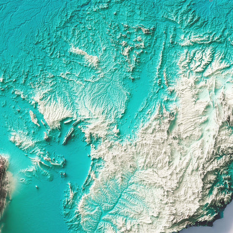 South America, Elevation tint - Spectral, 2D printed shaded relief map with 3D effect of South America with irid tint. Shop our beautiful fine art printed maps on supreme Cotton paper. Vintage maps digitally restored and enhanced with a 3D effect. VizCart from Vizart