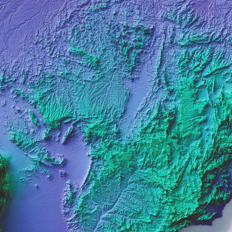 South America, Elevation tint - Viridis, 2D printed shaded relief map with 3D effect of South America with viridis tint. Shop our beautiful fine art printed maps on supreme Cotton paper. Vintage maps digitally restored and enhanced with a 3D effect. VizCart from Vizart