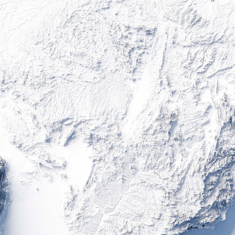 South America, Elevation tint - White, 2D printed shaded relief map with 3D effect of South America with monochrome white tint. Shop our beautiful fine art printed maps on supreme Cotton paper. Vintage maps digitally restored and enhanced with a 3D effect. VizCart from Vizart
