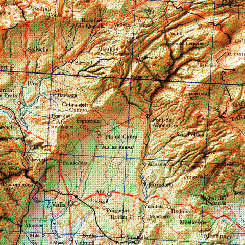 Tarragona (Spain), Topographic map - 1944, 2D printed shaded relief map with 3D effect of a 1944 topographic map of Burgos (Spain). Shop our beautiful fine art printed maps on supreme Cotton paper. Vintage maps digitally restored and enhanced with a 3D effect. VizCart from Vizart