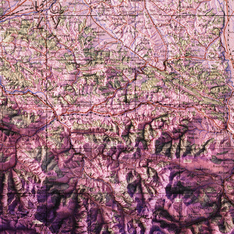 Toulouse (France), Topographic map - 1943, 2D printed shaded relief map with 3D effect of a 1943 topographic map of Toulouse (France). Shop our beautiful fine art printed maps on supreme Cotton paper. Vintage maps digitally restored and enhanced with a 3D effect. VizCart from Vizart