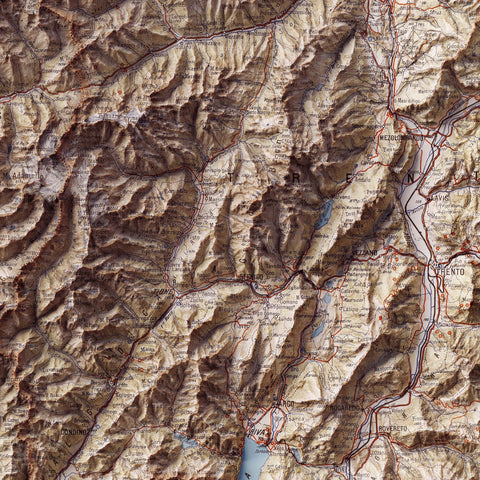 Trentino (Italy), Topographic map - 1916, 2D printed shaded relief map with 3D effect of a 1916 topographic map of Trentino (Italy). Shop our beautiful fine art printed maps on supreme Cotton paper. Vintage maps digitally restored and enhanced with a 3D effect. VizCart from Vizart