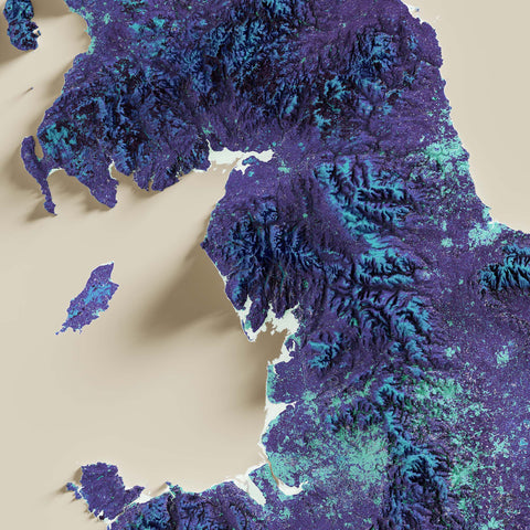 United Kingdom, Elevation tint - Viridis, 2D printed shaded relief map with 3D effect of United Kingdom with viridis hypsometric tint. Shop our beautiful fine art printed maps on supreme Cotton paper. Vintage maps digitally restored and enhanced with a 3D effect. VizCart from Vizart