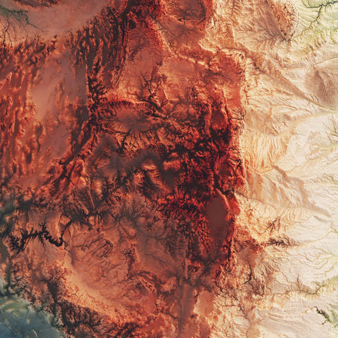 USA, Elevation tint - Spectral, 2D printed shaded relief map with 3D effect of USA (Contiguous) with spectral hypsometric tint. Shop our beautiful fine art printed maps on supreme Cotton paper. Vintage maps digitally restored and enhanced with a 3D effect. VizCart from Vizart