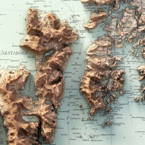 Vestvågøya (Lofoten Islands, Norway), Topographic map - 1907, 2D printed shaded relief map with 3D effect of a 1907 topographic map of Vestvagoya (Lofoten Islands, Norway). Shop our beautiful fine art printed maps on supreme Cotton paper. Vintage maps digitally restored and enhanced with a 3D effect. VizCart from Vizart