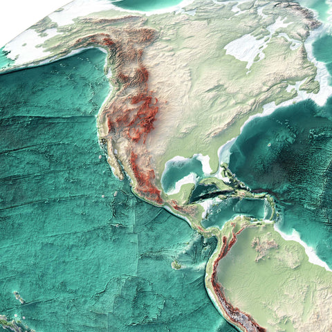 World Bathymetric, Elevation tint - Geo, 2D printed shaded relief map with 3D effect of World with geo hypsometric tint. Shop our beautiful fine art printed maps on supreme Cotton paper. Vintage maps digitally restored and enhanced with a 3D effect. VizCart from Vizart