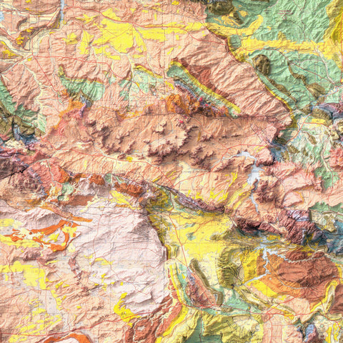Wyoming (USA), Geological map - 1985, 2D printed shaded relief map with 3D effect of a 1985 geological map of Wyoming (USA). Shop our beautiful fine art printed maps on supreme Cotton paper. Vintage maps digitally restored and enhanced with a 3D effect. VizCart from Vizart