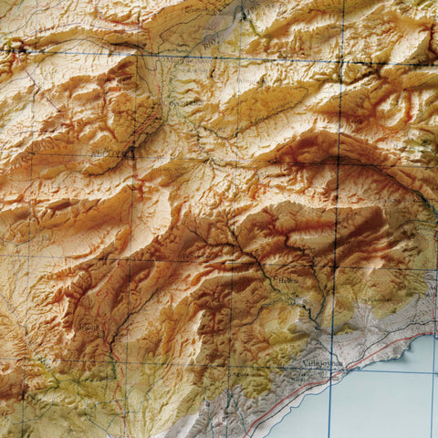 Alicante (Spain), Topographic map - 1944, 2D printed shaded relief map with 3D effect of a 1944 topographic map of Alicante (Spain). Shop our beautiful fine art printed maps on supreme Cotton paper. Vintage maps digitally restored and enhanced with a 3D effect. VizCart from Vizart