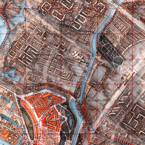 Amsterdam (The Netherlands), City map - 1914, 2D printed shaded relief map with 3D effect of a 1914 city map of Amsterdam. Shop our beautiful fine art printed maps on supreme Cotton paper. Vintage maps digitally restored and enhanced with a 3D effect. VizCart from Vizart