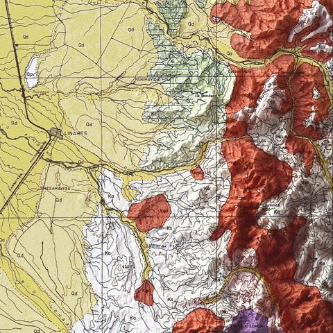 Alta Cordillera de los Andes (Chile), Geological map - 1964, 2D printed shaded relief map with 3D effect of a 1964 geological map of Andes (Alta Cordillera de los Andes, Chile). Shop our beautiful fine art printed maps on supreme Cotton paper. Vintage maps digitally restored and enhanced with a 3D effect. VizCart from Vizart