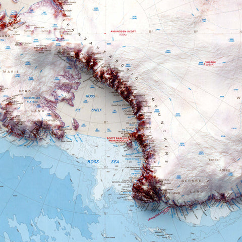 Antarctica, Topographic map - 1986, 2D printed shaded relief map with 3D effect of a 1986 topographic map of Antarctica, with McDonald Islands and Heard Island and Macquarie Island inset. Shop our beautiful fine art printed maps on supreme Cotton paper. Vintage maps digitally restored and enhanced with a 3D effect. VizCart from Vizart