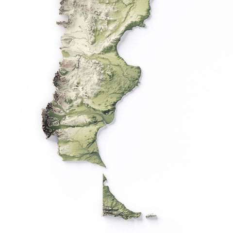 Argentina, Elevation tint - Geo, 2D printed shaded relief map with 3D effect of Argentina with geo tint. Shop our beautiful fine art printed maps on supreme Cotton paper. Vintage maps digitally restored and enhanced with a 3D effect. VizCart from Vizart