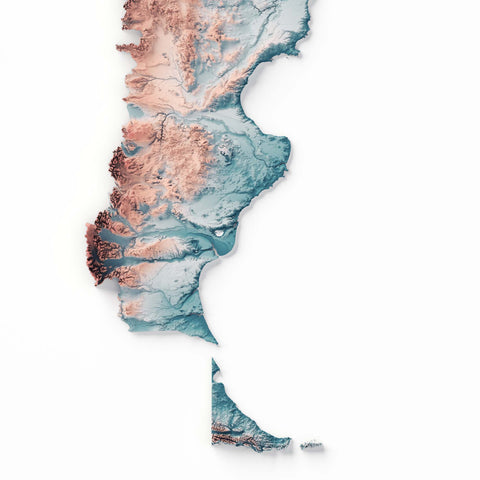 Argentina, Elevation tint - Irid, 2D printed shaded relief map with 3D effect of Argentina with irid tint. Shop our beautiful fine art printed maps on supreme Cotton paper. Vintage maps digitally restored and enhanced with a 3D effect. VizCart from Vizart