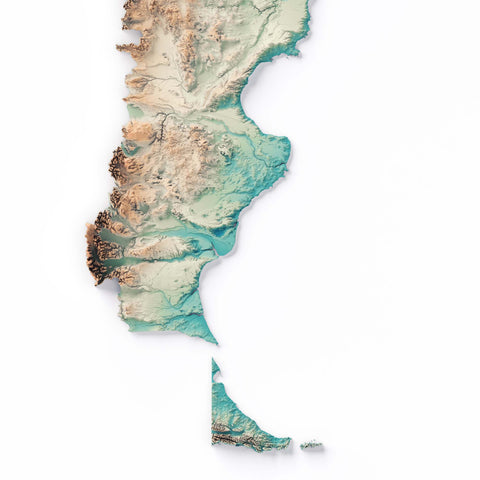 Argentina, Elevation tint - Spectral, 2D printed shaded relief map with 3D effect of Argentina with spectral tint. Shop our beautiful fine art printed maps on supreme Cotton paper. Vintage maps digitally restored and enhanced with a 3D effect. VizCart from Vizart