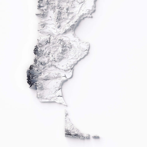Argentina, Elevation tint - White, 2D printed shaded relief map with 3D effect of Argentina with white tint. Shop our beautiful fine art printed maps on supreme Cotton paper. Vintage maps digitally restored and enhanced with a 3D effect. VizCart from Vizart