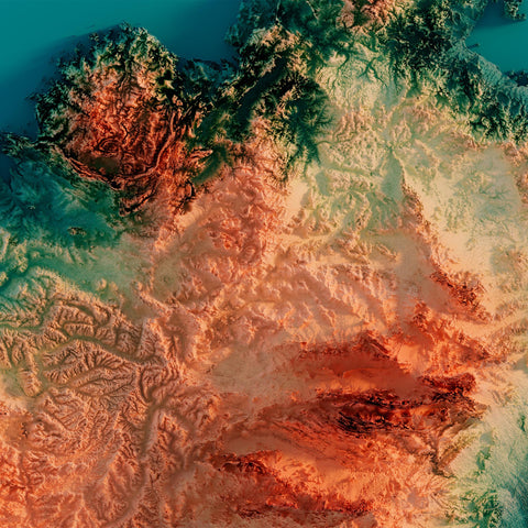 Australia, Elevation tint - Spectral, 2D printed shaded relief map with 3D effect of Australia with spectral hypsometric tint. Shop our beautiful fine art printed maps on supreme Cotton paper. Vintage maps digitally restored and enhanced with a 3D effect. VizCart from Vizart