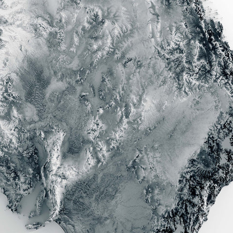 Australia, Elevation tint - White, 2D printed shaded relief map with 3D effect of Australia with white hypsometric tint. Shop our beautiful fine art printed maps on supreme Cotton paper. Vintage maps digitally restored and enhanced with a 3D effect. VizCart from Vizart