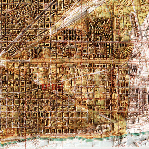 Barcelona (Spain), City map - 1962, 2D printed shaded relief map with 3D effect of a 1962 city map of Barcelona. Shop our beautiful fine art printed maps on supreme Cotton paper. Vintage maps digitally restored and enhanced with a 3D effect. VizCart from Vizart