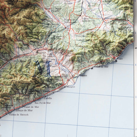 Barcelona (Spain), Topographic map - 1944, 2D printed shaded relief map with 3D effect of a 1944 topographic map of Barcelona (Spain). Shop our beautiful fine art printed maps on supreme Cotton paper. Vintage maps digitally restored and enhanced with a 3D effect. VizCart from Vizart
