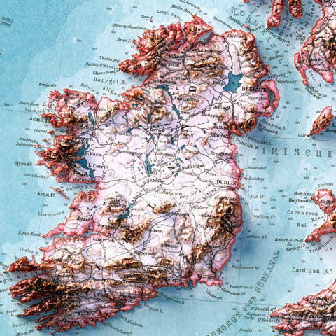 British-Irish Isles, Topographic map - 1911, 2D printed shaded relief map with 3D effect of a 1911 topographic map of Britain and Ireland (British-Irish Isles). Shop our beautiful fine art printed maps on supreme Cotton paper. Vintage maps digitally restored and enhanced with a 3D effect. VizCart from Vizart
