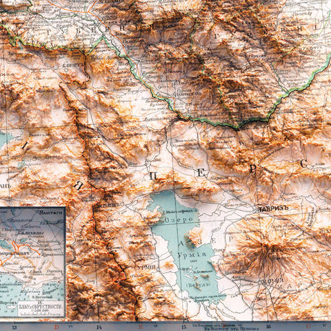 Caucasus, Topographic map - 1909, 2D printed shaded relief map with 3D effect of a 1909 topographic map of Caucasus. Shop our beautiful fine art printed maps on supreme Cotton paper. Vintage maps digitally restored and enhanced with a 3D effect. VizCart from Vizart