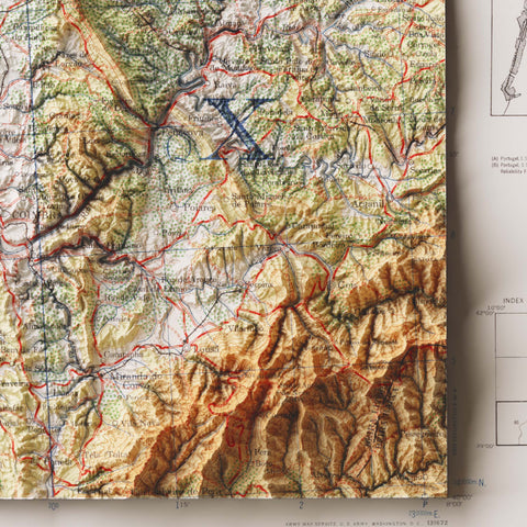 Coimbra (Portugal), Topographic map - 1944, 2D printed shaded relief map with 3D effect of a 1944 topographic map of Coimbra (Portugal). Shop our beautiful fine art printed maps on supreme Cotton paper. Vintage maps digitally restored and enhanced with a 3D effect. VizCart from Vizart