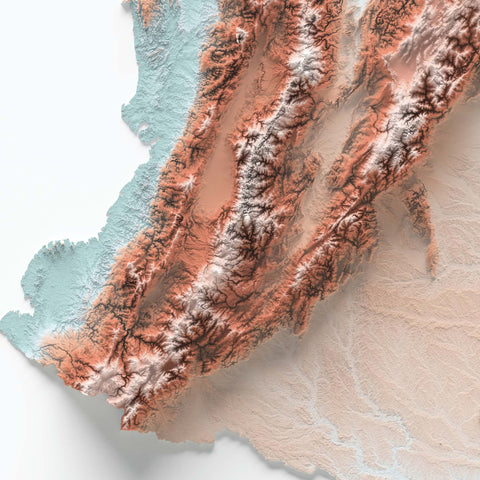 Colombia, Elevation tint - Candy, 2D printed shaded relief map with 3D effect of Colombia with candy tint. Shop our beautiful fine art printed maps on supreme Cotton paper. Vintage maps digitally restored and enhanced with a 3D effect. VizCart from Vizart