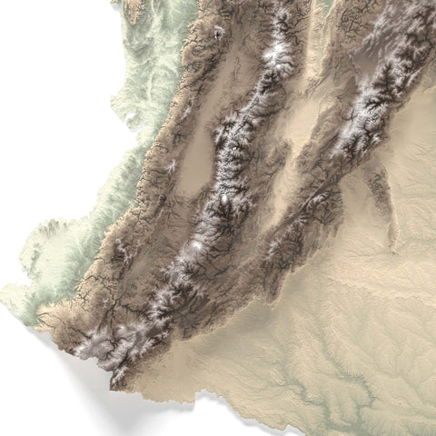 Colombia, Elevation tint - Geo, 2D printed shaded relief map with 3D effect of Colombia with geo tint. Shop our beautiful fine art printed maps on supreme Cotton paper. Vintage maps digitally restored and enhanced with a 3D effect. VizCart from Vizart