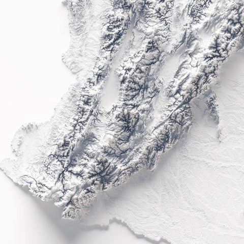 Colombia, Elevation tint - White, 2D printed shaded relief map with 3D effect of Colombia with white tint. Shop our beautiful fine art printed maps on supreme Cotton paper. Vintage maps digitally restored and enhanced with a 3D effect. VizCart from Vizart