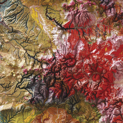 Colorado (USA), Geological map - 1979, 2D printed shaded relief map with 3D effect of a 1979 geological map of Colorado (USA). Shop our beautiful fine art printed maps on supreme Cotton paper. Vintage maps digitally restored and enhanced with a 3D effect. VizCart from Vizart