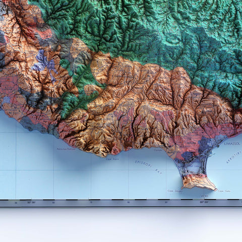 Cyprus, Soil map - 1987, 2D printed shaded relief map with 3D effect of a 1987 soil map of Cyprus. Shop our beautiful fine art printed maps on supreme Cotton paper. Vintage maps digitally restored and enhanced with a 3D effect. VizCart from Vizart