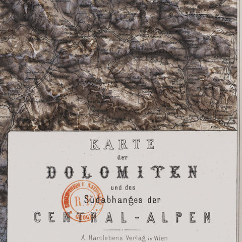 Dolomites (Italy), Topographic map - 1880, 2D printed shaded relief map with 3D effect of a 1880 topographic map of Dolomites (Italy). Shop our beautiful fine art printed maps on supreme Cotton paper. Vintage maps digitally restored and enhanced with a 3D effect. VizCart from Vizart